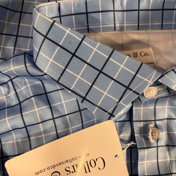 Collars And Co Polo Shirt Mens Large Blue White Plaid Stretch Office Casual - Picture 2 of 7